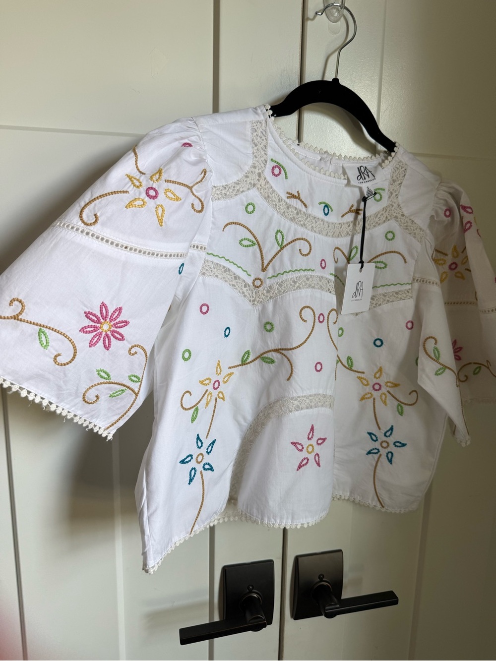 DRA NWT Embroidered Peasant Blouse with Multicolor Floral Accents, size S. - Picture 2 of 6